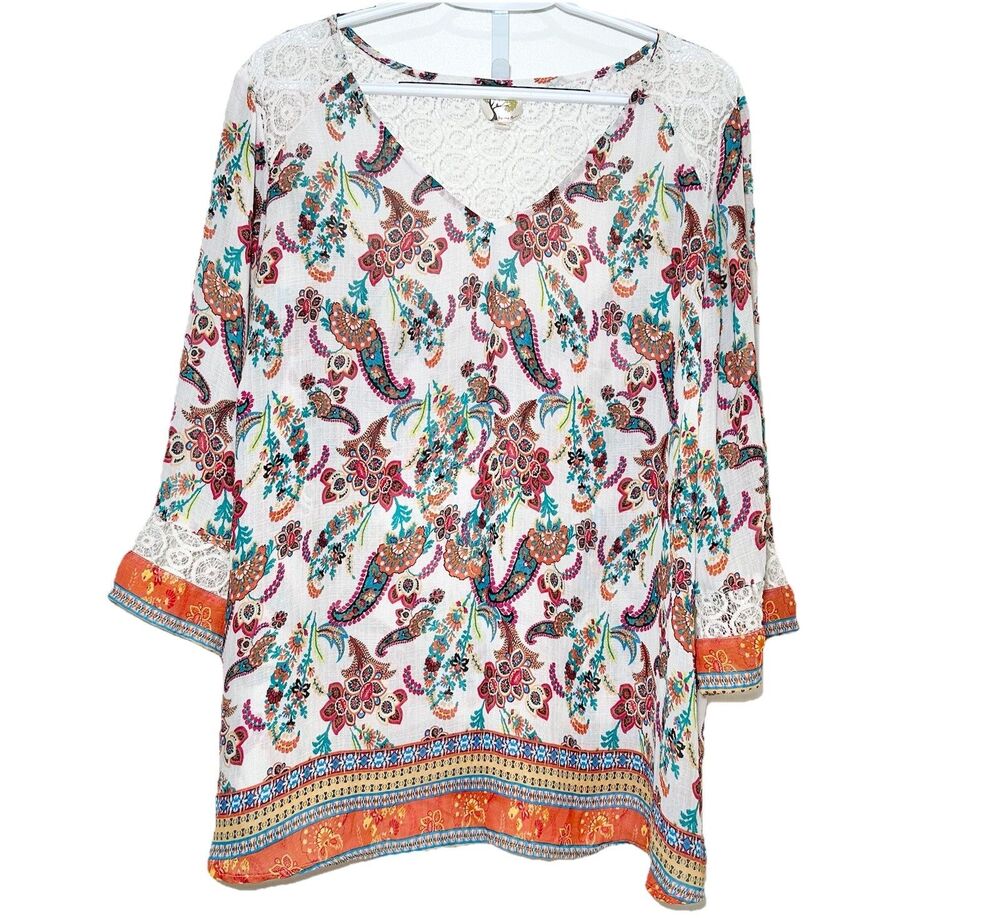 Fig & Flower Boho Paisley Lace Blouse 3X Plus Floral Top